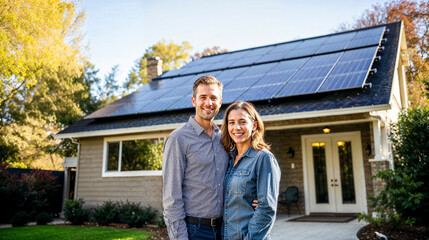 Happy couple hugging in front of their house with solar panels on the roof