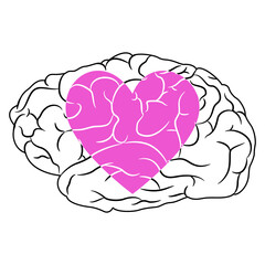 Pink heart symbol inside human brain. Creative romantic design. Love in a cage of reason. Valentine's Day emblem.
