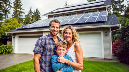 Happy family hugging in front of their house with solar panels on the roof