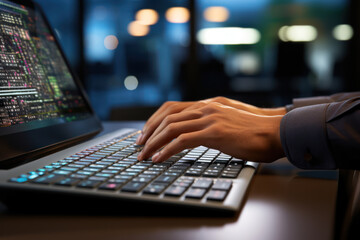 A diligent office worker typing away on a keyboard, showcasing the commitment to daily tasks. Concept of professional responsibilities and productivity. Generative Ai. - obrazy, fototapety, plakaty