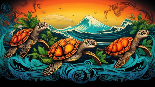  a painting of two sea turtles swimming in the ocean with a wave crashing behind them and a mountain in the background.