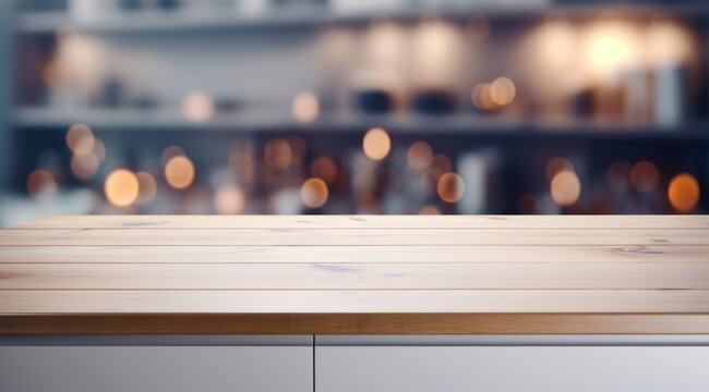  a wooden table top in front of a blurry image of a building with lights in the backround.