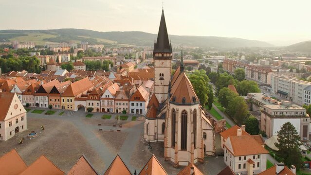 Aerial view of the Bardejov Old town at sunset, Slovakia.