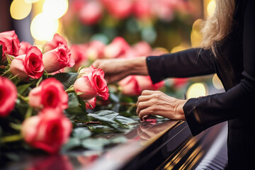 Close-up of hands holding floral arrangement on coffin during funeral