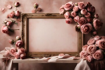 A Canvas Frame for a mockup harmonizing with the serene aura of an old styled dressing room adorned with dried rose bouquets and cameo brooches. - obrazy, fototapety, plakaty