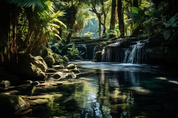 waterfall in a tropical forest, filled with vibrant green colors and aquatic freshness, Concept: reflecting the beauty of untouched nature. Eco-tourism
