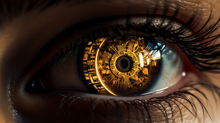 Gold bitcoin reflected in someone's eye, AI Generated