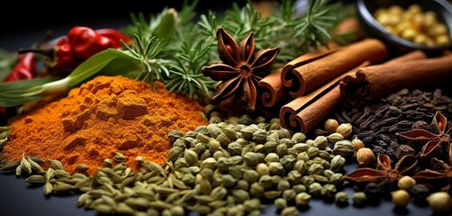 Extreme close-up of colorful spices and herbs, warm saffron and deep green herbs, 