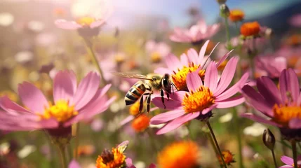 Foto op Aluminium A close-up of a bee collecting pollen from a cluster of vibrant wildflowers in a meadow © MuhammadUmar