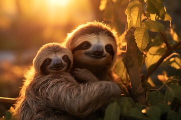 Naklejka premium Captivating Photograph of a Backlit Mother Sloth with Baby during sunset