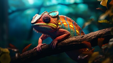A close-up of a colorful chameleon perched on a branch, blending with its surroundings