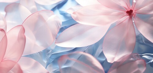 Extreme close-up of delicate flower petals, pale rose pinks and subtle azure blues, 