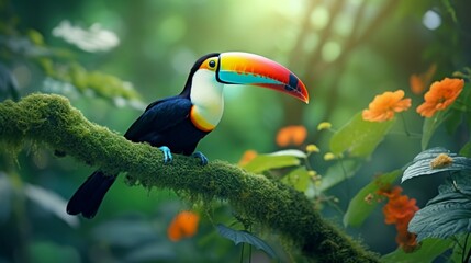 Fototapeta premium A close-up of a colorful toucan perched on a tree branch, surrounded by lush green foliage