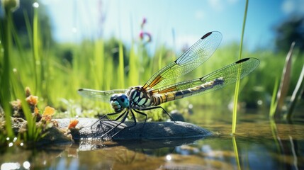 A close-up of a dragonfly resting on a blade of grass near a bubbling brook