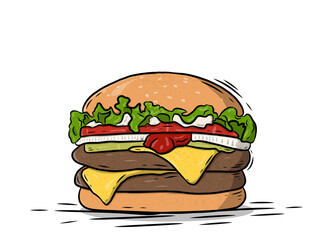 Delicious meat, melting cheese, and vegetable burger line art drawing illustration 