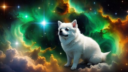 Dog in space and nebula. Gas cloud. Cosmic art. Galactic art. 4K - 8K - 12K TV. Generative AI.