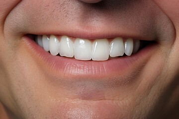 Flawless Smile. Close-Up of Middle-Aged Mans Immaculate Teeth Post Dental Treatment