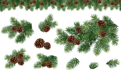 Realistic vector Christmas isolated tree branches garland and collections of Christmas tree branch with pine cones	
