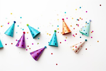 Colorful birthday caps with confetti on white background - obrazy, fototapety, plakaty