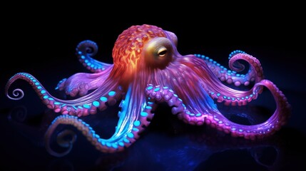 Obraz premium Fluorescent purple and blue octopus glowing in the dark. Isolated on black background.