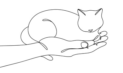 Hand. Cat. Palm. Pet. One line