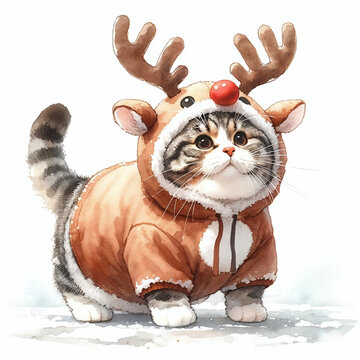 Cute funny cat dressed in a reindeer costume. Watercolor on isolated white background. Design for Christmas greeting cards and stationery, stickers, calendars, banners and posters.