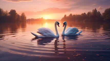 A pair of swans gracefully gliding across a calm lake, leaving ripples in their wake