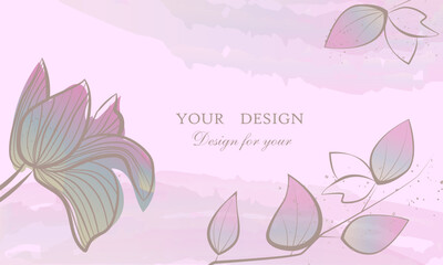 Background for card, website, brand, orchid flower in green and pink colors on a pink watercolor background. Vector composition for design of greeting cards, invitations, banners, wall art, prints and