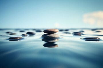 Zen pebbles stacked in the blue water, meditation and peace concept.