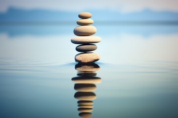 Zen pebbles stacked in the blue water, meditation and peace concept.