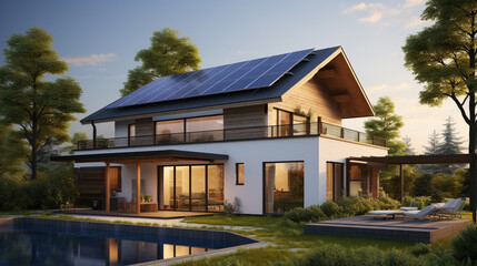 House with solar panels on its roof representing shift towards renewable energy in residential areas, AI Generated
