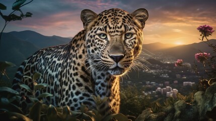 A leopard in the wild poses on a hilltop above the city with the sunset and lush nature.