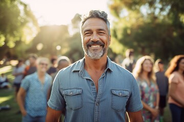 Portrait of a handsome middle-aged man smiling at the camera while standing in the park. - obrazy, fototapety, plakaty