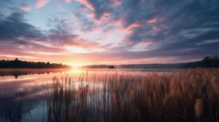 Foto op Plexiglas Reflectie A serene lake reflecting a cloud-filled sky at sunrise, surrounded by reeds and cattails