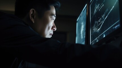 Asian radiologist examining an X-ray, concentrated expression with a monitor glowing