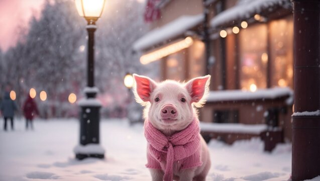 Cute pink piglet outside in the winter street.