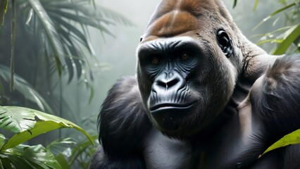 sentinelle de la forêt - l'impressionnant gorille, gardien vigilant de son royaume luxuriant dans la jungle. - obrazy, fototapety, plakaty