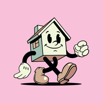 A cheerful, vintage cartoon-style house with a face, arms, and legs is depicted walking forward on a solid pink background. Vintage cartoon house mascot, comic character. Vector
