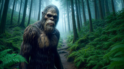 The Wild and Mysterious bigfoot : A Portrait of a Legendary Creature in the Forest. - obrazy, fototapety, plakaty