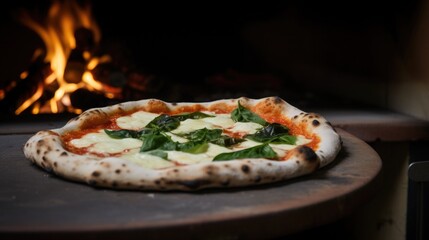 Authentic Neapolitan Pizza with fresh basil and mozzarella, wood-fired oven in the background