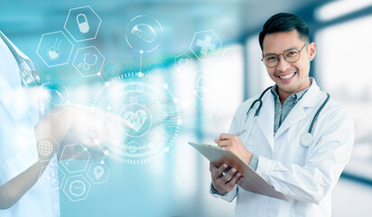 Asian doctor looking at x ray, Healthcare and medical technology and futuristic concept.