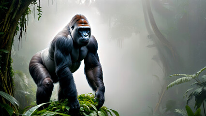 imposant roi de la jungle - la majesté d'un gorille, symbole de force dans l'épaisse végétation. - obrazy, fototapety, plakaty