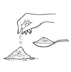 Humans hand pinching sea salt. Sprinkling spices. seasoning line art of snapping fingers. Powder and bunch. Vintage background poster. Engraved hand drawn sketch.