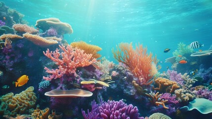 Fototapeta na wymiar A vibrant coral reef teeming with life, with colorful fish swimming among the coral formations