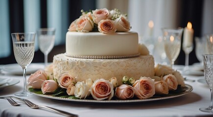 Obraz na płótnie Canvas luxury wedding cake, wedding designed cake, wedding cake on the table, wedding table setting, wedding table decoration
