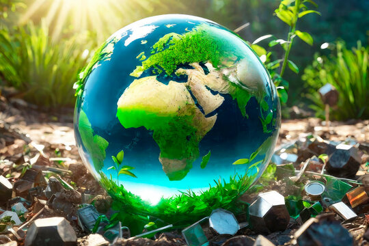 Environmental conservation concept. Glass globe green planet amidst various waste.