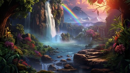 A vibrant rainbow arching over a cascading waterfall in a lush tropical setting