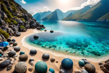 Cercles muraux Montagnes The seaside vista unveils majestic mountains meeting the tranquil sea, a breathtaking union of nature's grandeur. Upon the wet sand, a mosaic of stones forms intricate.