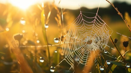 Glistening dewdrops on a spider's delicate web in the early morning light amidst a dense meadow