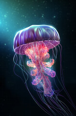 A luminous jellyfish floating dark in the water with pink and purple bubbles